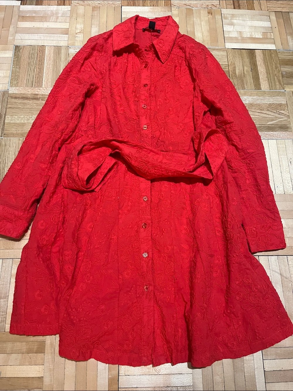 Saks Fifth Avenue Bright Red Textured Long-Sleeve Button Front Belted Dress